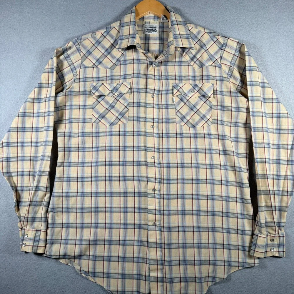 Levis Vintage Western Pearl Snap Shirt Mens XL Tall Plaid Tan Blue Red Korea
